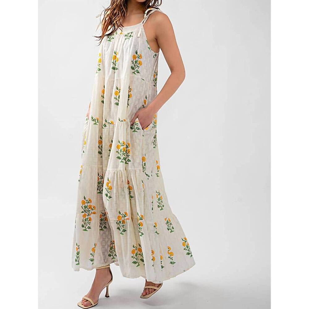 NEW URBAN DAIZY tiered floral cotton maxi dress in white green yellow - Picture 9 of 10